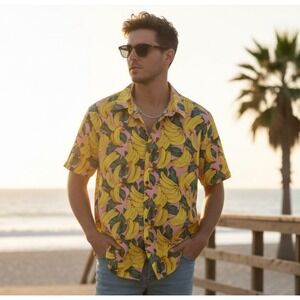 Jogal Button-Down Shirt Men's Size XL Banana Pattern Short Sleeve Cotton